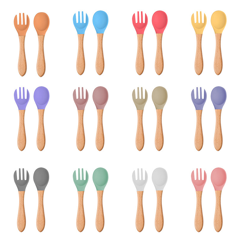 Leafree Hot Sale Food Grade Silicone Baby Spoon Fork with Nature Wooden Handle Set Custom Logo and Color Tableware